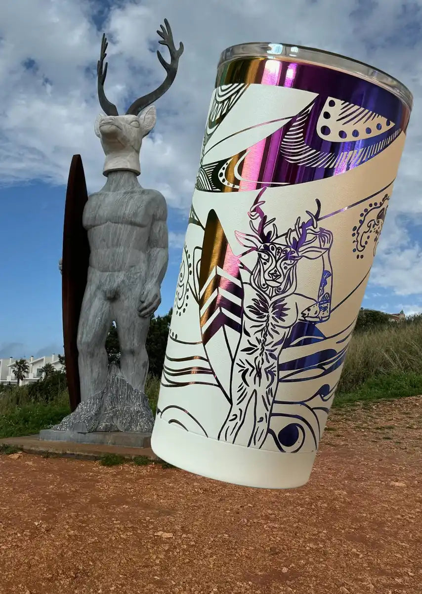 Decorated stainless steel tumbler.