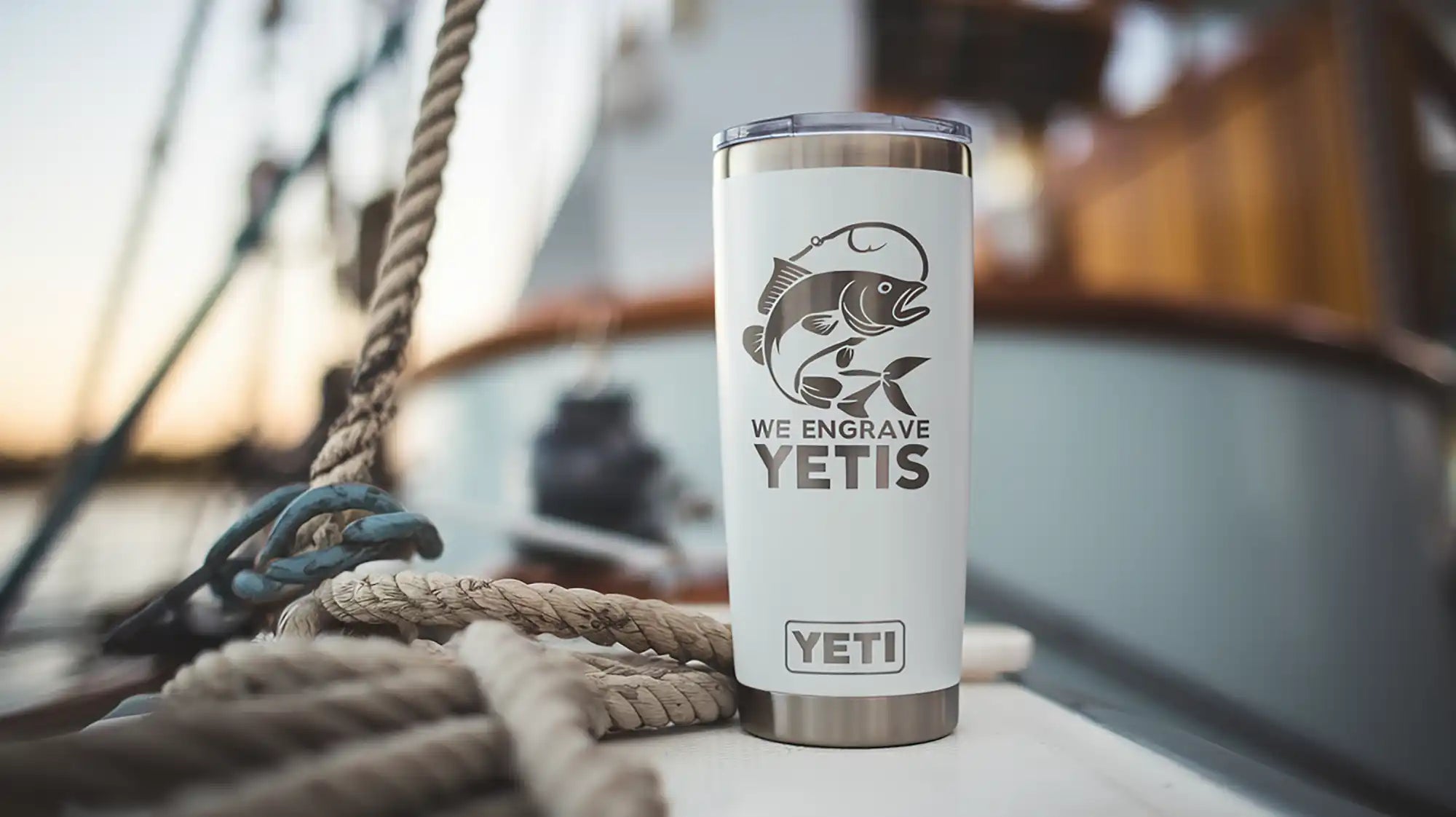Engraved white Yeti tumbler.