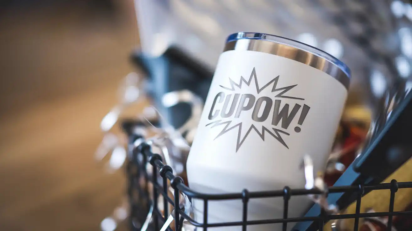 White insulated tumbler with silver trim.