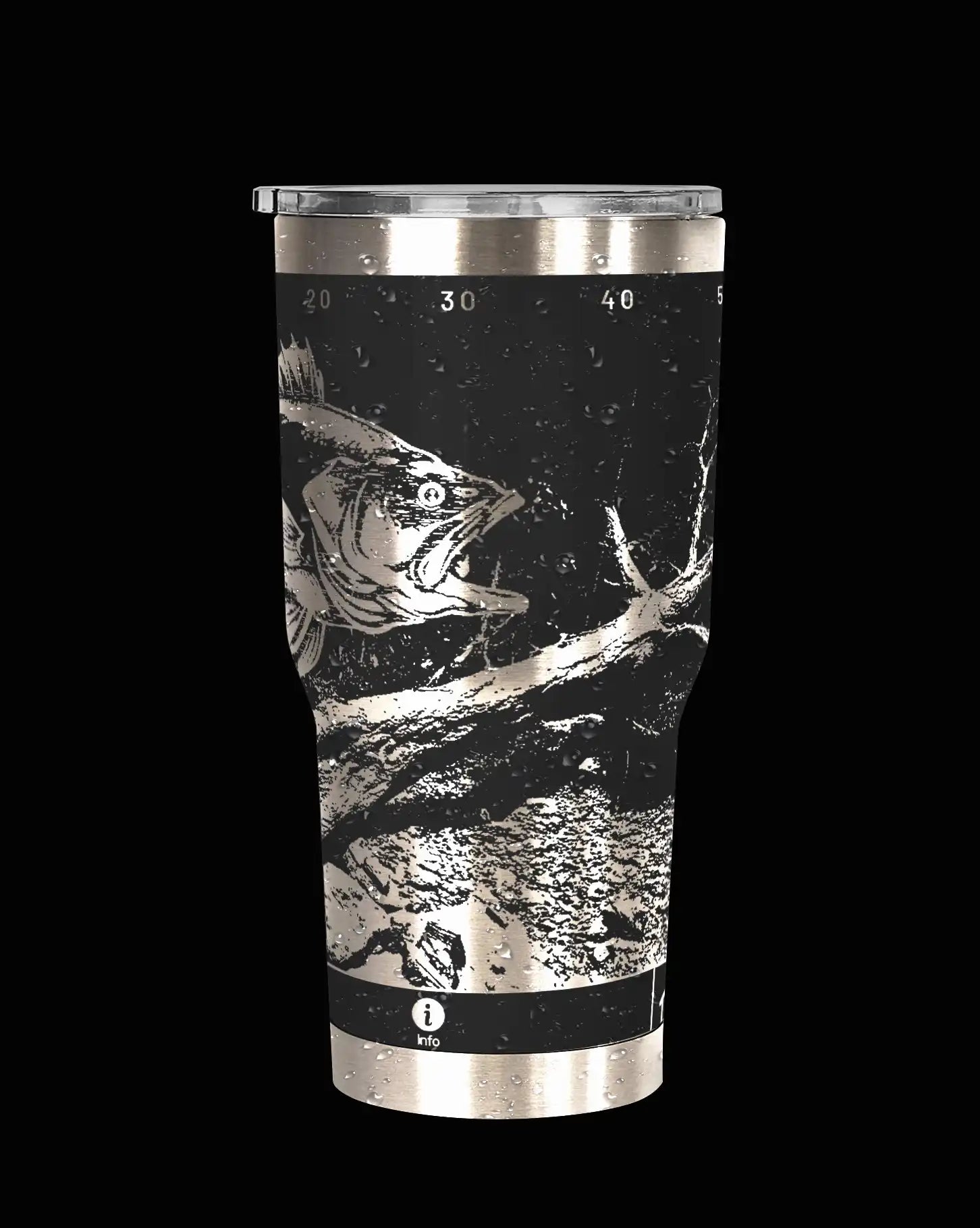 Black and silver fish-themed tumbler.